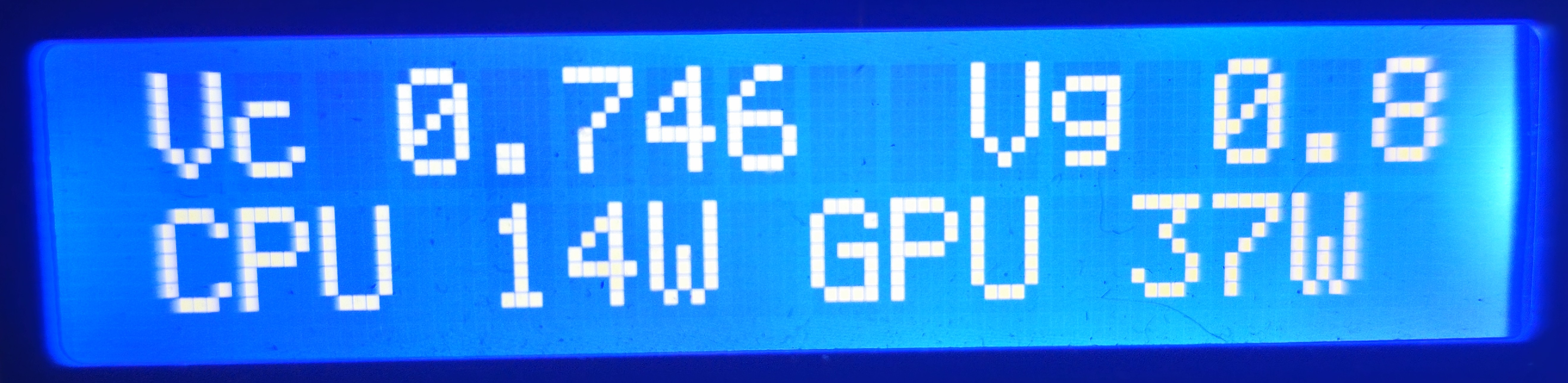 LCD stats page showing CPU and GPU core voltages and package power for each